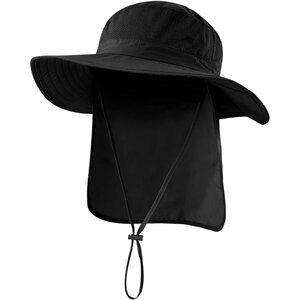 Unisex Black 100% Polyester Wide Brim Mesh Vent Neck Flap Adjustable Fishing Hat